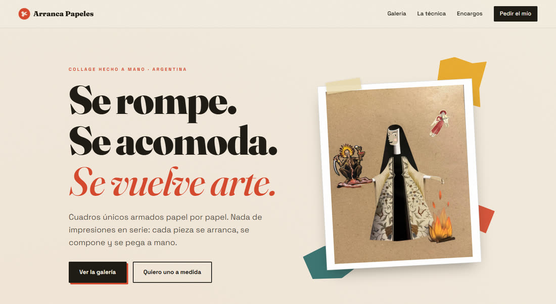 Captura de Arranca Papeles: hero editorial con collage y CTA
