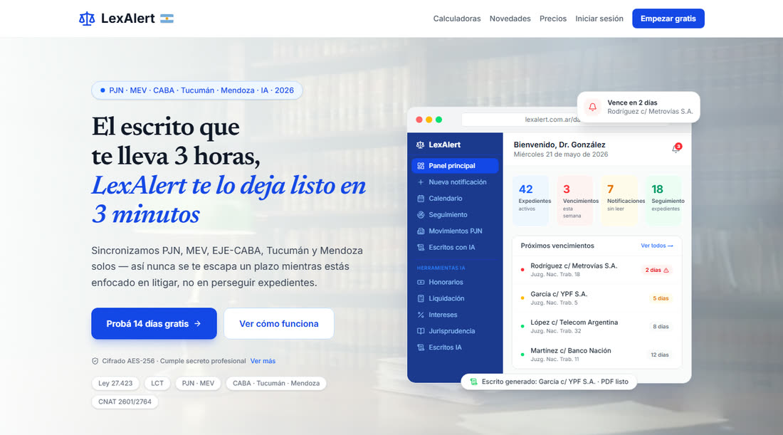 Captura de LexAlert: panel de vencimientos y sincronización judicial