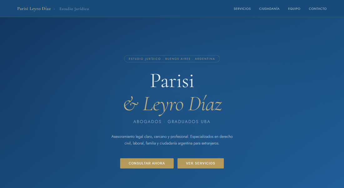 Captura de Parisi & Leyro Díaz: hero institucional del estudio jurídico